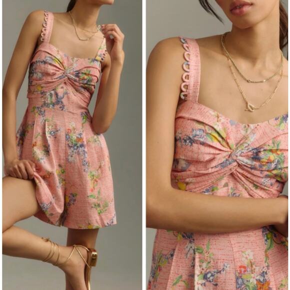 Anthropologie Pants - NWT Anthropologie Ranna Gill Pink Floral Linen Scallope Romper Medium